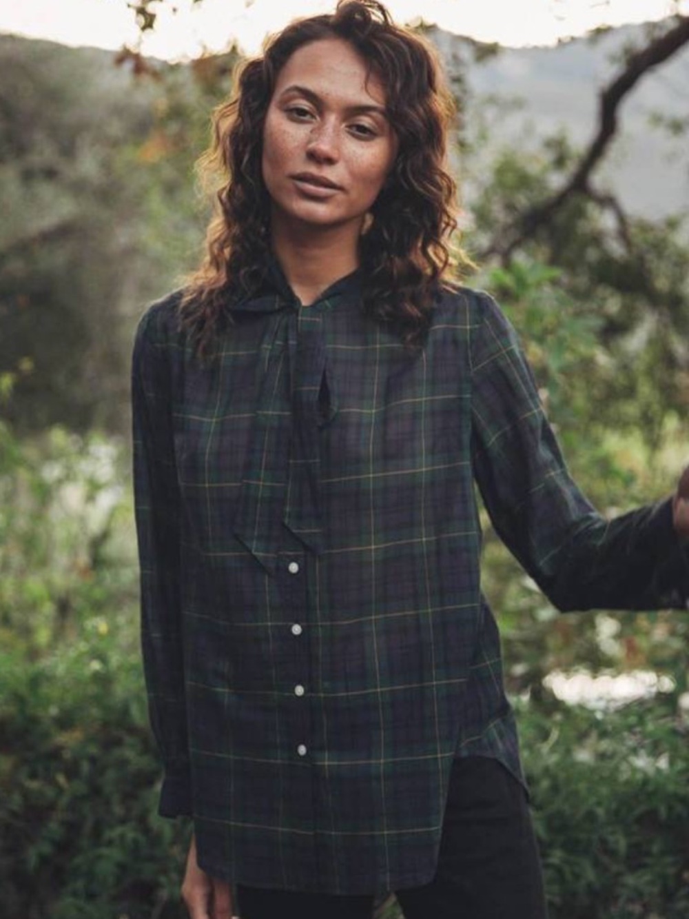 Trovata Todd Bow Blouse Navy and Green Plaid with tie